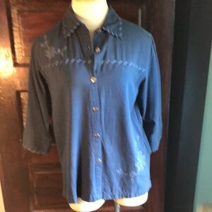 Vintage Cervelle Silk Blue shirt Embroidery   Button Down Small/ short sleeves
